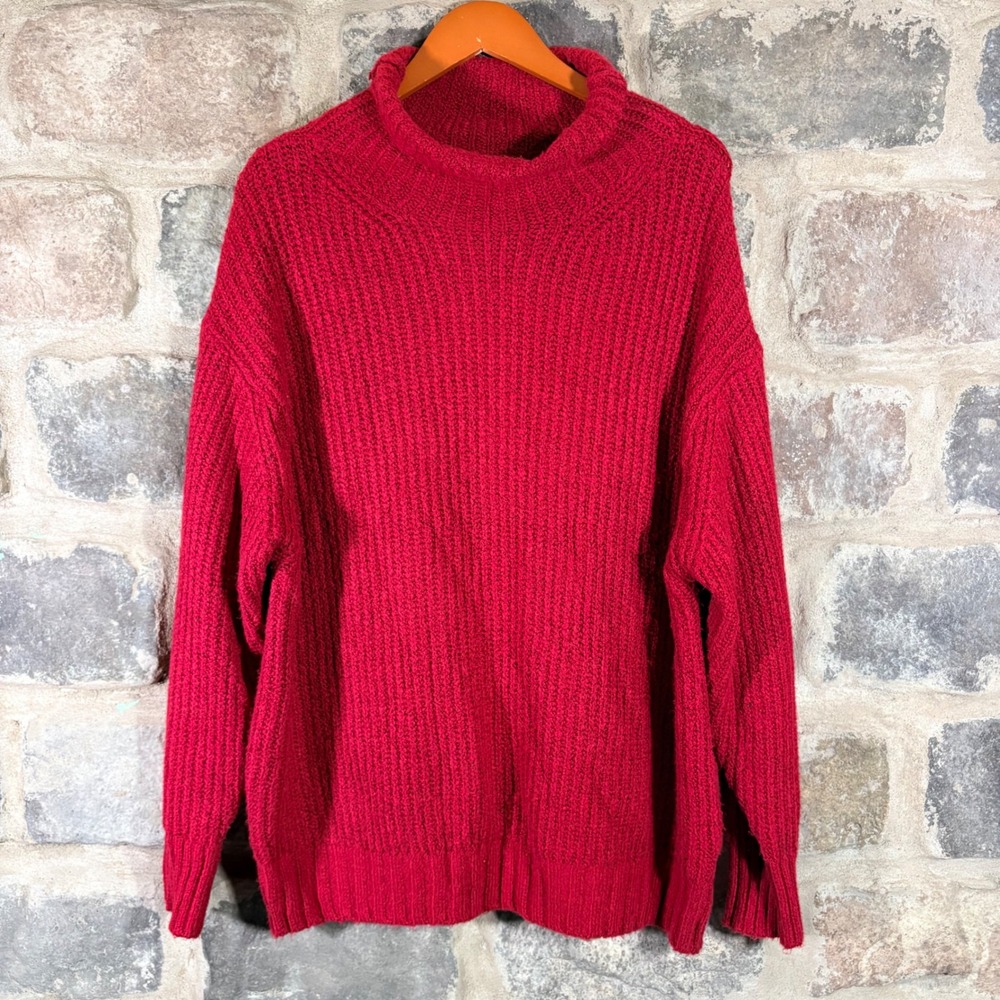 American Eagle Red Oversized Ribbed Mock Neck‎ Chunky Knit Sweater Men's Medium